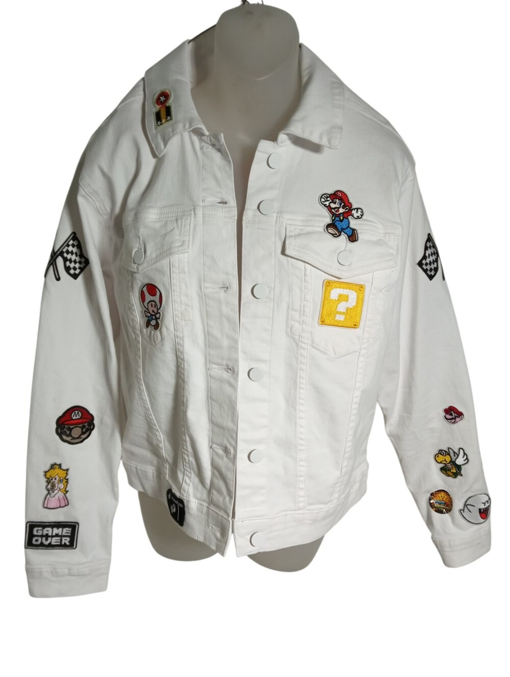 KUT White Denim Moto Upcycled Cartoon Gamer Patch Utility Jacket Sz L